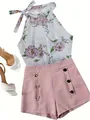 Stylish women's summer 2-piece outfit with floral halter top and pink button shorts. - S / Pink
