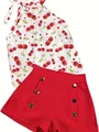 Detailed view of women's two-piece set featuring cherry print halter top and red shorts - S / Red Style 2