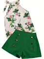 Set estivo due pezzi con top con stampa rosa e pantaloncini verdi a vita alta. - S / Verde scuro