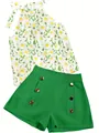 Sleeveless daisy print halter top paired with green button-front shorts summer set - S / Green Style 4