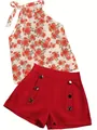 Summer floral halter top and red shorts two-piece casual fashion set for women - S / Red 3