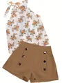 Stylish women summer floral halter neck top and khaki high-waisted shorts two-piece outfit set - S / Khaki