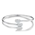 Exquisite silver moissanite open cuff bracelet with leaf-shaped diamond-paved ends. - Leaf Shaped Open Bracelet (B16899-5060) / 50*60mm