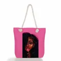 Pink canvas beach tote bag with thick rope handles and stylish graphic woman print - 45*35*12 / Pink Woman with Lollipop Style (Style 2)