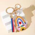 Detailed view of rainbow teacher keychain featuring a colorful tassel and sunflower - Rainbow Sunflower Teacher with 3-Color Tassel (5)