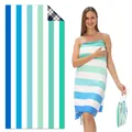 Striped blue and green double-sided velvet beach towel with matching drawstring storage bag - STJ-003-TW5 / 80*160cm (in Stock)