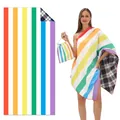 Double-sided velvet beach towel with rainbow stripes, plaid reverse and drawstring bag - STJ-003-TW6 / 80*160cm (in Stock)