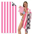 Premium pink and white striped double-sided microfiber beach towel set with matching bag - STJ-003-TW10 / 80*160cm (in Stock)