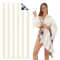 Beige striped and plaid double-sided fleece beach towel with a matching drawstring bag - STJ-003-TW15 / 80*160cm (in Stock)