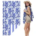 Double-sided velvet beach towel with blue floral print and striped reverse side - STJ-003-SMY03 / 80*160cm (in Stock)