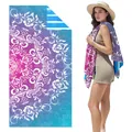 Double-sided fleece beach towel with purple floral mandala pattern shown on model. - SMRSTJ-SM16 / 80*160cm (in Stock)