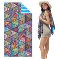 Premium mandala pattern double-sided microfiber beach towel worn by a model as a wrap. - SMRSTJ-SM08 / 80*160cm (in Stock)