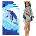 Double-sided velvet beach towel featuring artistic blue whale and ocean wave patterns - SMRSTJ-SM03 / 80*160cm (in Stock)