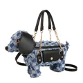 Unique blue and white checkered denim dog-shaped shoulder bag with leather accents - 28*7*18 / Cowboy