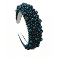 Vintage dark teal wide headband with glossy full pearl embellishments for women - Dark Green