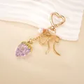 Sweet purple acrylic strawberry keychain with golden bow and heart clasp charm - Small Pendant / Purple Transparent Strawberry Charm(K6026)