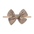 Khaki elastic nylon bow headband for babies featuring lovely embroidered daisy flowers - Khaki Small Daisy Embroidery Style (3)