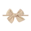 Soft cream elastic nylon baby headband featuring a beautiful handcrafted knit bow detail - Beige Linen Style (10)