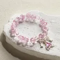 Elegant pink crackle crystal beaded bracelet with silver fish and heart charms - Dreamy Fish Tail Bracelet Purple