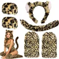 Complete 6pcs Leopard Print Faux Fur Cosplay Costume Set with Ears Headband Tail and Leg Warmers - Leopard 6-Piece Set (with Leg/Wrist Covers)
