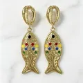 Vintage gold fish and shell drop earrings decorated with colorful enamel dots jewelry - 2606117A Colorful Small Fish Earrings