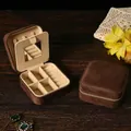 Portable brown velvet jewelry box with mirror and zipper closure for rings and necklaces - Velvet Coffee (With Mirror)