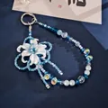 Elegant handmade blue tulip flower beaded bag charm with faux pearls and crystals - Charm / Iris Flower Pendant (K6341) / Blue