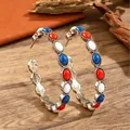 Vintage bohemian hoop earrings with decorative red blue and white oval beads set - White K (5733)