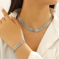 Elegant silver triple-row watchband link necklace and bracelet set for women. - Necklace + Bracelet Set (Silver)