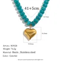 Boho turkoois hars parelketting met grote 18K vergulde hartvormige hanger, trendy - Hart Hanger (N3928) / 41+5cm / Cyaan