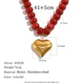 Collana con ciondolo a cuore in acciaio inossidabile placcato oro 18K e perle rosse - Ciondolo a Cuore (N3928) / 41+5cm / Rosso