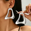 Large chunky exaggerated hollow geometric drop earrings with polished silver finish - Hollow Retro Curved Style (03) / Silver