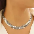 Silver punk watchband chain choker necklace shown on neck - Silver Tone Triple Row Necklace (3939)