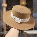 Elegant wide brim straw sun hat with polka-dot ribbon bow for summer beach vacations - Khaki Polka Dot Strap Flat Top Hat (D-0071)