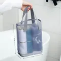 Portable grey nylon mesh toiletry bag with dimensions shown for travel cosmetic storage - 040 Open Tote Mesh Bag Grey