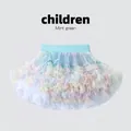 Rainbow pastel children's tutu skirt featuring a mint green waistband and bows - M / Bottoms / Rainbow Puff / M (Height 105-120CM)