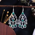 Bohemian ethnic silver tassel earrings with green turquoise beads for elegant women - Green Silver (E5526-2)