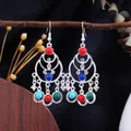 Bohemian ethnic style chandelier earrings with colorful turquoise beads and tassels - Silver