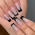 Long square handmade press-on nails with black French tips and silver butterfly charms - K004【24pcs】 / Boxed (jelly Gel + Granules)