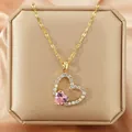 Elegant gold-plated heart necklace with pink and white crystal pendant on display box - 137#XL1470-015