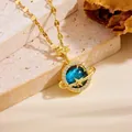 Gold stainless steel necklace featuring a galaxy blue planet and star pendant design - 142#XL1470-157
