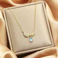 Gold stainless steel angel wing necklace with a light blue teardrop pendant variant - 143#XL1470-165