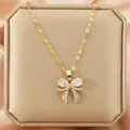 Elegant gold-plated stainless steel bow necklace featuring a sparkling zircon pendant - 146#XL1470-28