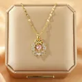 Elegant gold wreath necklace with pink heart crystal pendant and bow on jewelry box - 152#XL1470-47