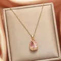 Elegant gold stainless steel necklace with pink teardrop crystal pendant SKU - 170#xl1944-22 Pink Zircon Tulip Necklace