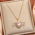 Elegant gold heart necklace featuring a pink crystal and Cupid's arrow pendant design - 171#xl1944-27 Heart Through An Arrow Necklace - Gold