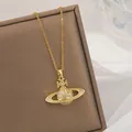 Elegant gold Saturn orb pendant necklace with sparkling crystal inlay jewelry for women - 175#xl 1987-17 Gold Cross Chain