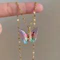 Elegant gold stainless steel necklace with multi-colored iridescent butterfly pendant - 176#XL1991-07