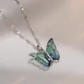Elegant butterfly pendant necklace with iridescent green wings and silver chain - 177#XL1991-08