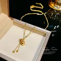 Elegant gold-finished stainless steel necklace with double bead pendant - 185#XL2190-025